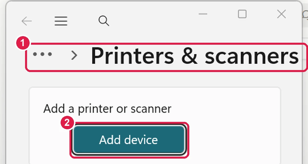 ภาพหน้าจอจริงของ Windows 11 หน้า Printers & scanners ชื่อหน้ากำกับเลข 1 ปุ่ม Add device กำกับเลข 2