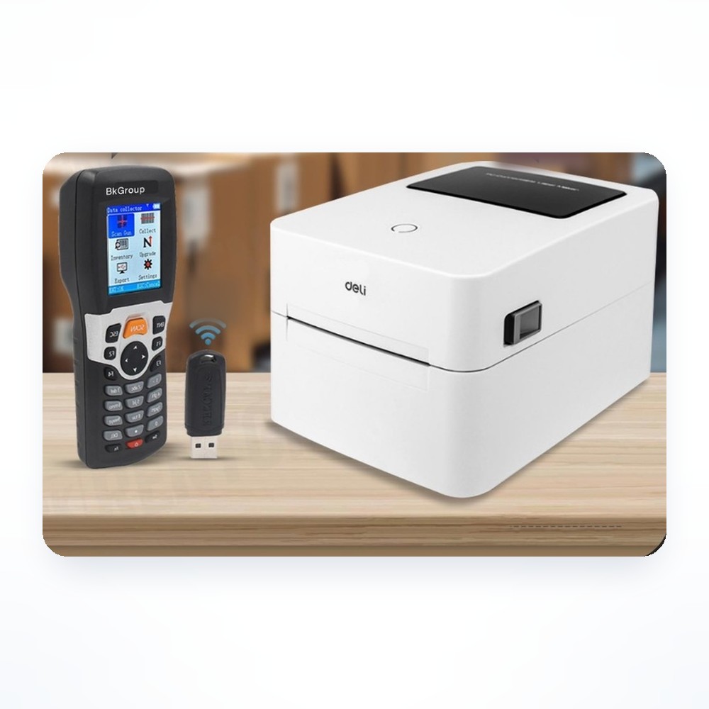 เซตเครื่องนับสต็อกไร้สาย พร้อมเครื่องพิมพ์บาร์โค้ด Deli 740C และสติกเกอร์ 4 ม้วน