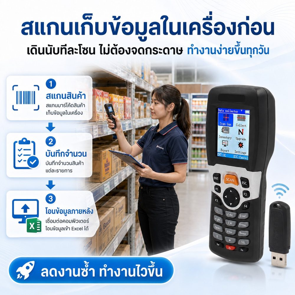 ขั้นตอนใช้งานเครื่องนับสต็อกไร้สาย สแกนสินค้า บันทึกจำนวน แล้วโอนข้อมูลเข้าคอมพิวเตอร์ภายหลัง