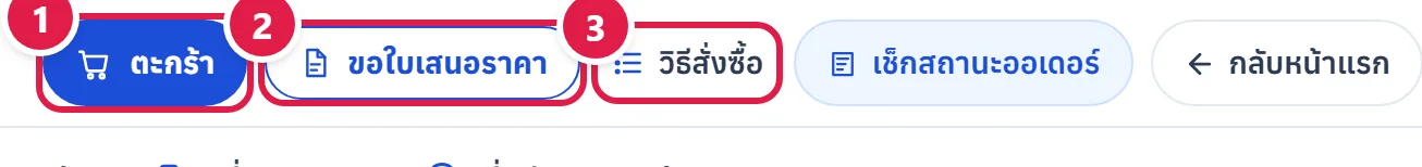 แถบบนสุดของเว็บบนคอมพิวเตอร์ มีปุ่มตะกร้า ขอใบเสนอราคา และวิธีสั่งซื้อ ติดเลข 1 2 3