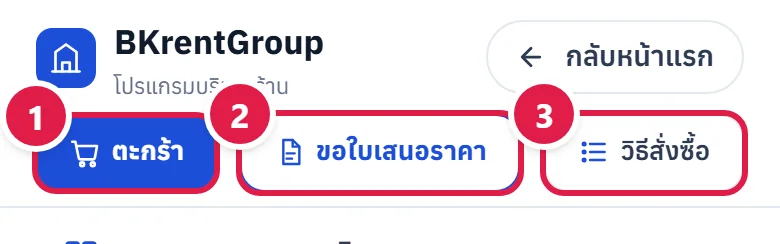แถบบนสุดของเว็บบนมือถือ มีปุ่มตะกร้า ขอใบเสนอราคา และวิธีสั่งซื้อเรียงเป็นแถวที่สอง ติดเลข 1 2 3