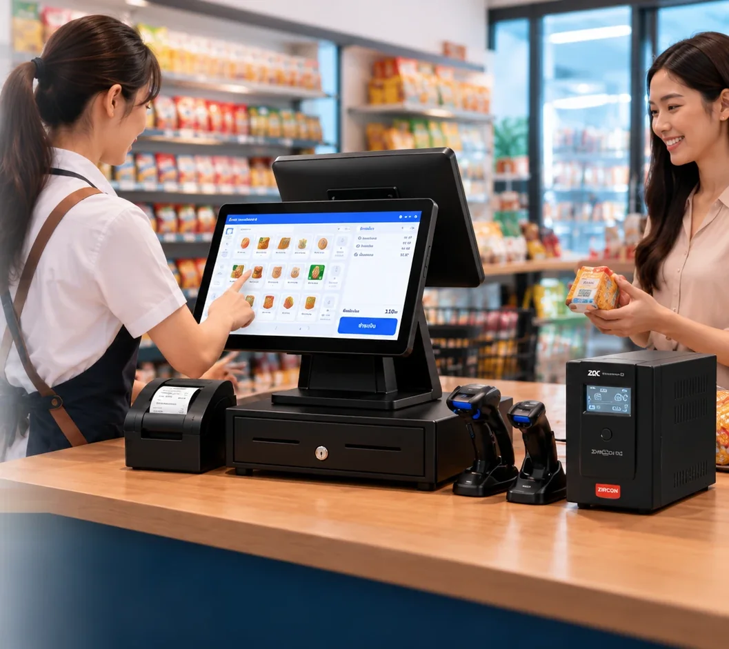 ภาพประกอบบรรยากาศร้าน: พนักงานแตะใช้งานจอทัชสกรีน 15.6 นิ้วของเครื่อง POS สองหน้าจอ ซึ่งมีจอลูกค้า 11.6 นิ้วติดอยู่ด้านหลังเครื่อง ลูกค้ายืนอยู่อีกฝั่ง บนเคาน์เตอร์มีเครื่องพิมพ์ใบเสร็จ ลิ้นชักเก็บเงิน เครื่องสแกนบาร์โค้ด 2 ตัว และเครื่องสำรองไฟ ZIRCON