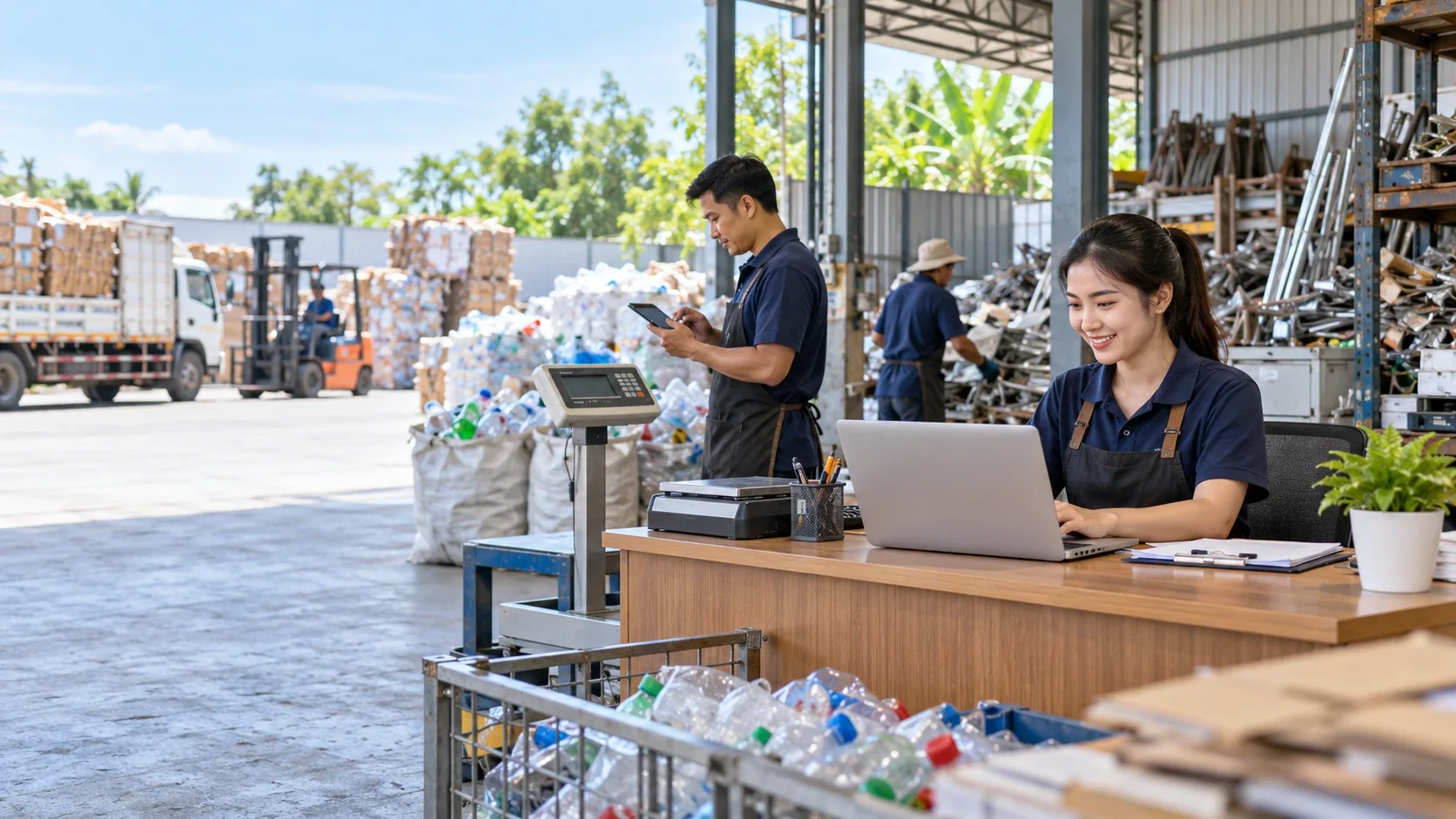 ลานรับซื้อของเก่าและรีไซเคิล มีจุดชั่งน้ำหนัก พนักงานบันทึกรายการด้วยคอมพิวเตอร์ อีกคนใช้แท็บเล็ต และรถเข้ารับส่งของ